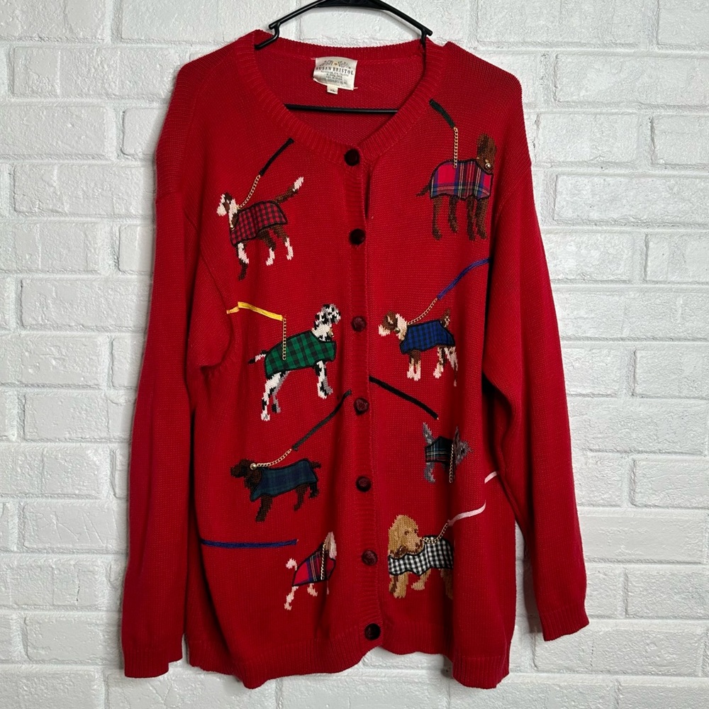 Vintage Susan Bristol 1995 Dogs on Leashes w Bells Red Button Front Cardigan XL